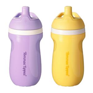 Tommee Tippee Insulated 9oz Sporty Spout Toddler Water Bottle, No Spill, Sippy Cups for Toddlers 1-3, Two-Piece Valve Helps Stop Spills, Yellow & Purple, BPA Free, Pack of 2