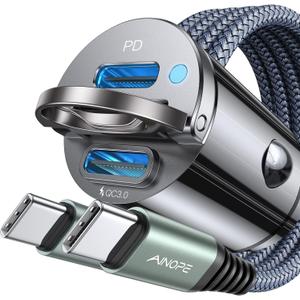 AINOPE Car Charger USB C 72W USB C Car Charger PD36W & QC36W, All Metal USB C Car Fast Charger QC3.0 Cigarette Lighter USB Charger with 3.3ft USB C to USB C Cable Fits iPhone 16 Pro Max