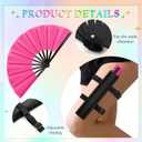 Geelin 2 Set Pink Green Large Folding Fan with Holster for Line Dancing Rave Clack Handheld Fan Holder Sleeves with Waist Belt Rave Accessories for Party Dance Disco Queues Holiday Party