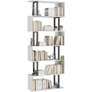 Gadroad 6 Tier Geometric Bookcase,S Shaped Bookshelf, Wood Decorative Storage Shelving, Modern Freestanding Display Shelves, Tall Book Shelf Unit for Living Room Bedroom, White (27.56"W x 74.2"H)