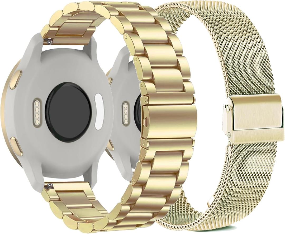 Watch Bands Compatible with 18mm Garmin Venu 3S/Venu 4 41mm/ Vivoactive 4S /Venu 2s / Vivomove 3S, Solid Stainless Steel Watchband+ Mesh Strap Bracelet for Garmin Forerunner 255s/265S (Sofe Gold)