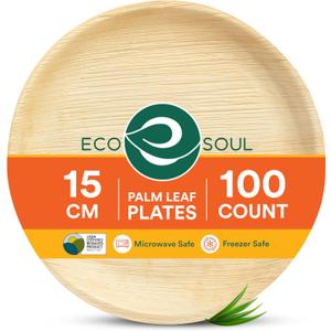 ECO SOUL Palm Leaf Like Bamboo Plates, 6 Inch Round, 100 Pack Bulk Disposable Appetizer & Dessert Tableware, Compostable Biodegradable Natural Wooden Small Party Plates for Wedding, Catering, Events