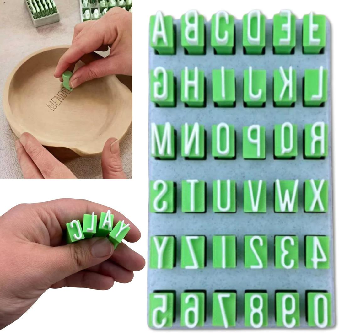 Clay Stamps - Alphabet, Numbers & Symbols DIY Handmade Alphabet Mold Accessories for Ceramic Decorating - 36 Pieces Letter Stamps for Clay with Storage Box - Green (Capital Letter Plastic)
