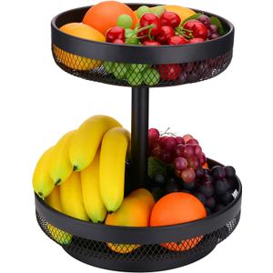 IBERG 2 Tier Fruit Basket Mesh Fruit Bowl - Basket Stand for Fruits Vegetables Bread Snacks (Black)