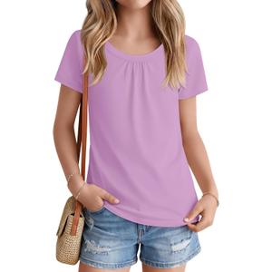 Girls' Short Sleeve T-Shirts | Scoop Neck Shirts, Summer, Sizes 5-14Y, Casual, Basic Tees, Tween, Lightweight, Soft, Loose Fit, Pleated, Cute