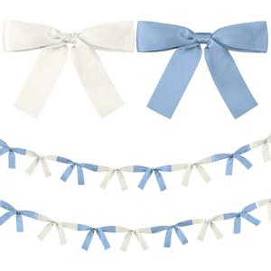2 Pcs Baby Blue and White Bow Garland Banner 16.4 ft Bow Party Decorations for Girls Pastel Bow Ribbon Banner Bow Birthday Baby Shower Decorations Coquette Bridal Shower Party Supplies