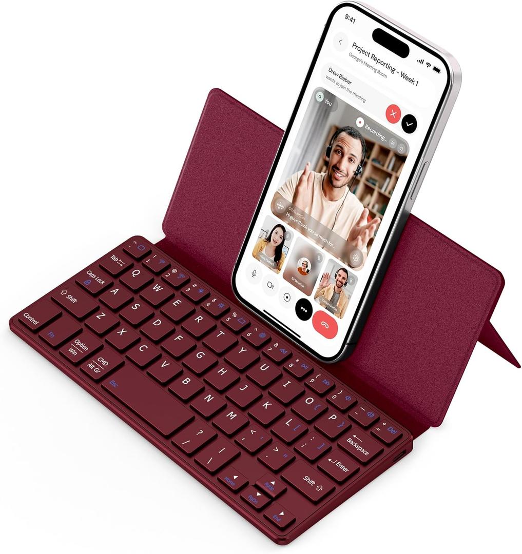 CACOE Wireless Keyboard with Stand, Mini Keyboard for Cell Phone, Ultra-Slim Portable, Foldable, Dual-Channel QWERTY with Stand Holder for Smartphone and More iOS Android Windows, Wine Red