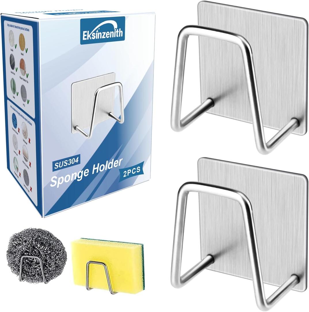 Eksinzenith 2Pcs Sponge Holder for Kitchen Sink，Strong Adhesive Small Sponge Holder，Sink Holder for Brush and Sponge，Premium Rustproof SUS304 Stainless Steel Rust Proof Waterproof (Silver)