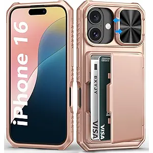 BXYJY for iPhone 16 Phone Case Wallet, Builtin Card Holder (45 Cards), Slide Camera Cover, RFID Block, Military Grade Drop Protection, Rugged Women Girly Men Protective Case for iPhone16, Rose Gold