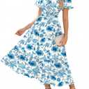 GRACE KARIN Womens Summer Floral Maxi Dresses 2026 Short Sleeve V Neck Dress Casual Flowy Beach Vacation Sundress with Pockets White Blue Floral M
