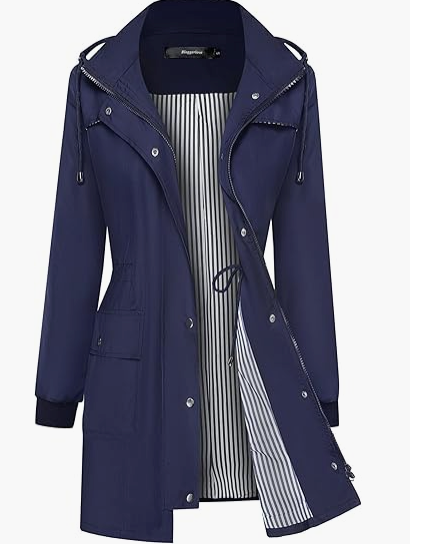 Bloggerlove Rain Jacket Women Lightweight Raincoat Waterproof Windbreaker Striped Climbing Outdoor Hooded Trench Coats, Large