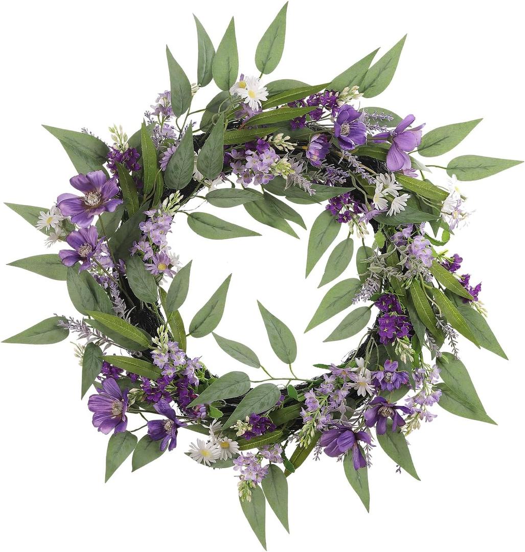 25-Inch Spring Wreaths for Front Door Lavender Wreath Purple Flower Wreath with Daisy, Artificial Wildflowers Greenery Leaves Summer Wreath Door Wreath for Porch Wall Window Indoor Outdoor Home Decor