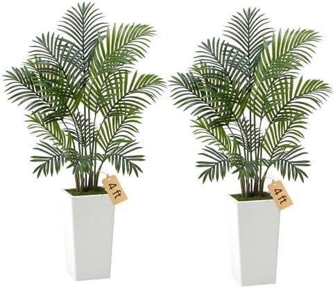 VEVOR Artificial Areca Palms 4 ft, 2 Pack Fake Palm Tropical Plants with White Tall Planter, Faux Floor Silk Plant in Pot, Large Tree for Home Office Living Room Decor House Warming, Indoor Outdoor