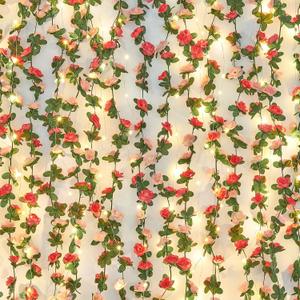 BLEUM CADE 5Pcs 41Ft Flower Garland Artificial Rose Vines with 32.8Ft String Lights, Cute Fake Hanging Flower Vines Floral Garland Decorations for Wedding Party Wall Room Decor Aesthetic