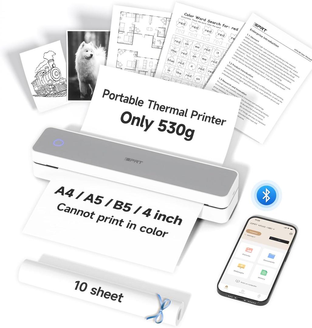 iDPRT MT610 Portable Thermal Printer, 300DPI HD Mobile-Travel-Printers, Inkless-Wireless-Small-Printer for Home Use, Office, Vehicles, Bluetooth Printers Supports 8.5 x 11 US Letter&A4&A5, Gray White