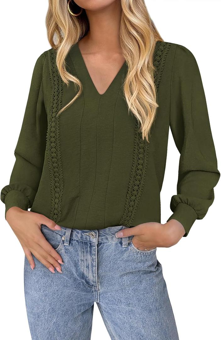 dowerme Womens Tops 2026 Spring V Neck T-Shirts Long Sleeve Shirts Lace Crochet Work Blouses Dressy Casual Loose Tunics (Green, S)