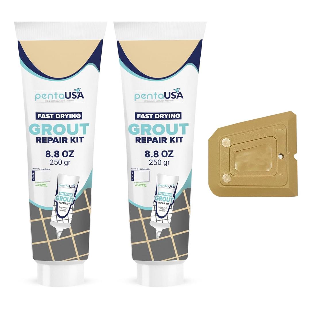 PentaUSA Grout - Premixed Grout Repair Set, 8.8 oz, 2 Pack Tile Grout Tubes, Repairs and Renews Tile Grout in Bathroom and Kitchen, Odorless and Safe Formula - 2 Pack (Beige)