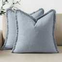 Woaboy Decorative Linen Fringe Throw Pillow Covers Boho Farmhouse Soft Cushion Covers Accent Pillowcases with Tassels for Living Room Couch Sofa Bed Chair,18x18 Inch Set of 2, Coastal Blue