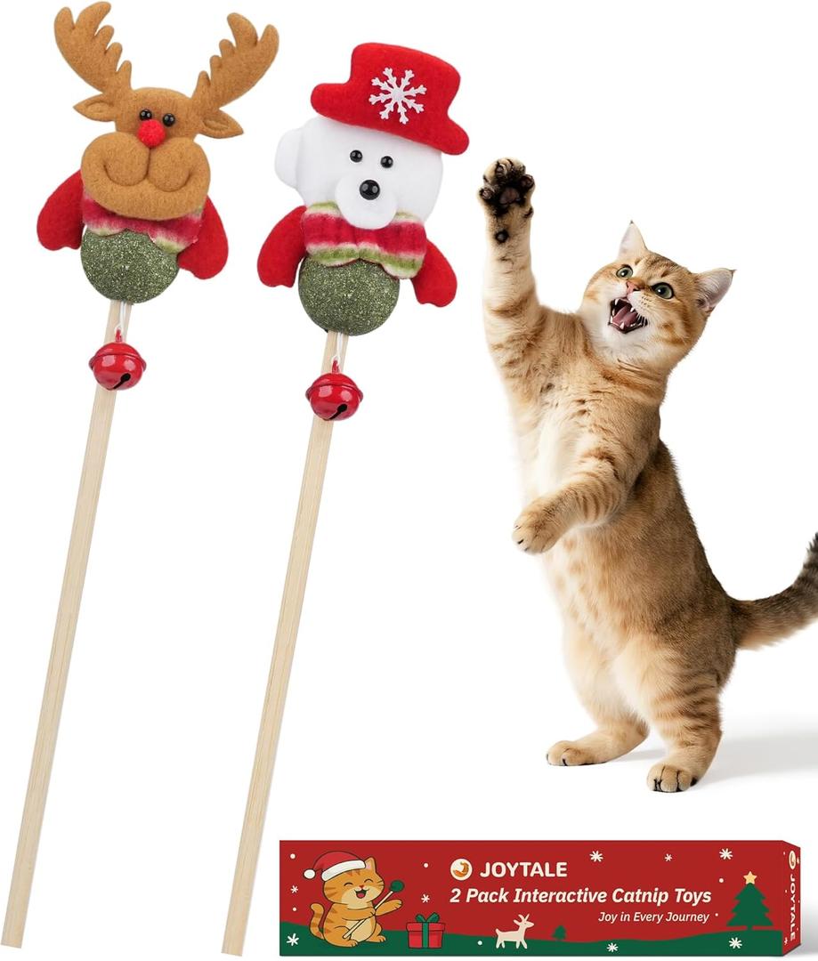 2 x Joytale 2 Pack Christmas Catnip Toys with Bell, Interactive Holiday Cat Wands Set, Catnip Toys for Indoor Cats Kittens for Chew and Relief, Snowman & Reindeer Design