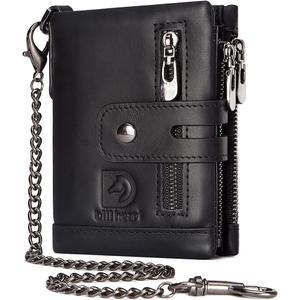 Mens Wallet with Chain Genuine Leather Purse RFID Blocking Bifold Double Zipper Coin Pocket with Anti-Theft Chain (Black)