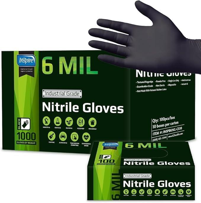 Inspire Black Nitrile Gloves HEAVY DUTY 6 Mil Nitrile Chemical Resistant Medical Cooking Cleaning Disposable Black Gloves 10-Pack