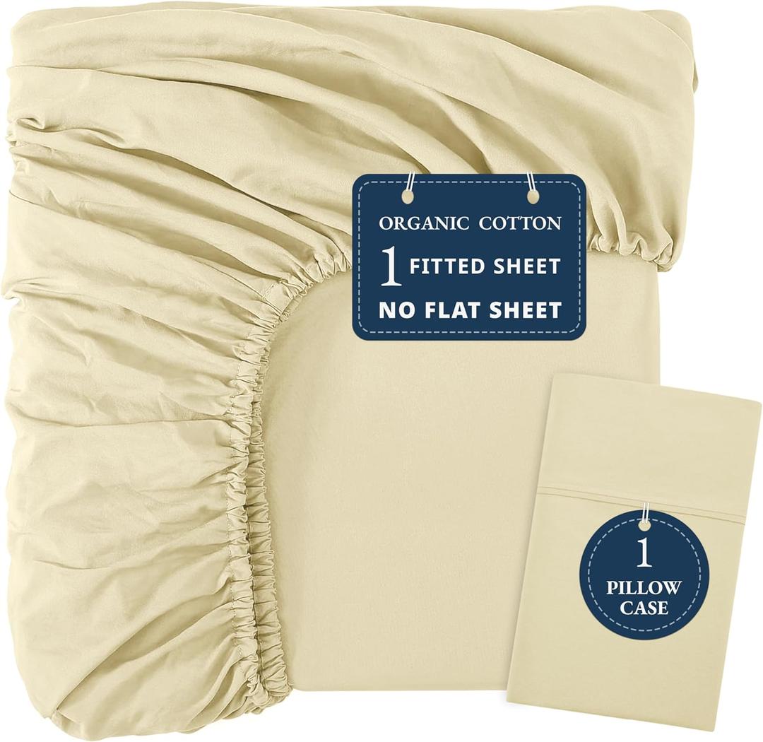 LANE LINEN Twin Fitted Sheets, 100% Organic Cotton 2-Piece Set (1 Fitted Sheet, 1 Pillowcase), Percale Weave, Bottom Sheet, Soft, Breathable, Fits Mattress Upto 15' Deep - Vanilla (No Flat Sheet)