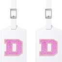 Sodsay 2 PCS Initial Luggage Tag, Luggage Tags for Suitcases Cute Sequin Letter PU Leather Travel Bag Baggage Tags Privacy Cover ID Label for Women Kids Teens Men(D, White Leather+Hot Pink Letter)