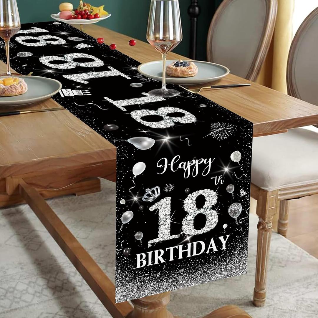 18th Birthday Table Runner Black Silver Happy 18th Birthday Table Runner for 18 Years Old Boys Men Women Him Her Celebrate Party Decorations Non-Slip Dining Table Linen Cloth 72 Inches Long