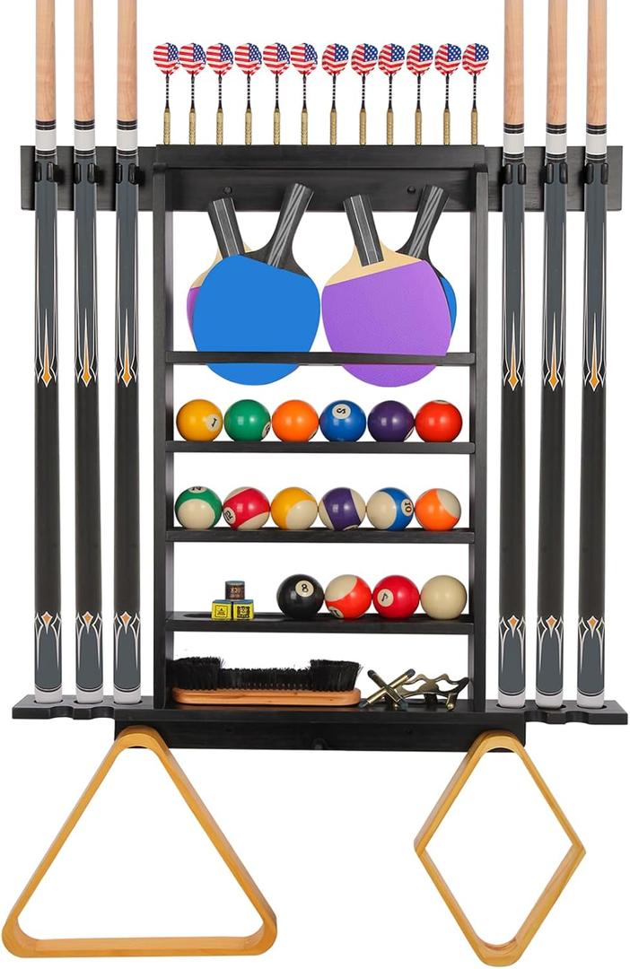 Large Pool Stick Holder Wall Mount, Billiards Pool Cue Rack Ping Pong Paddle Holder, Dart Holder 3-IN-1, Wood Pool Cue Holder Pool Table Accessories Equipment Organizer for Game Room Men Cave- Black