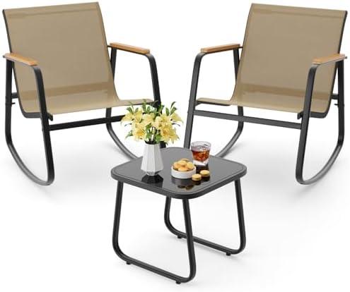 Aiho 3-Piece Patio Furniture Set, Textilene Bistro Sets for Garden, Brown | Outdoor Furniture with Textilene Fabric Rocker Chairs with Coffee Table for Garden, Balcony, Poolside