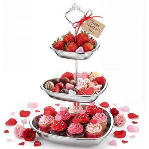Willinglong 3 Tier Heart Silver Cake Stand Stainless Steel 3 Layer Dessert Stand Cupcake Display Rack Tower Removable Tiered Tray for Valentines Party Birthday Wedding Table Decorations