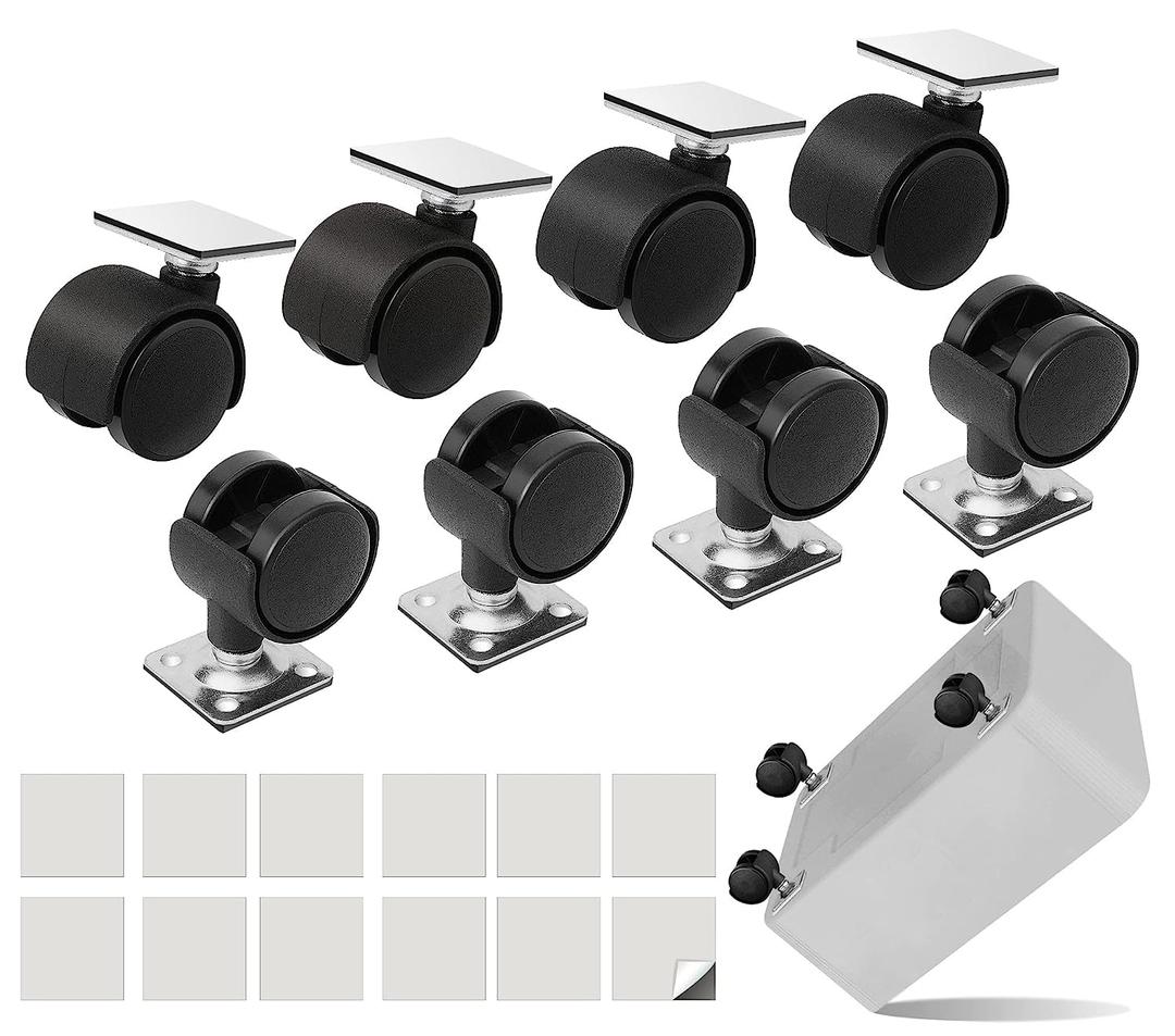 8 PCS 1" Free Punching Pastable Plate Caster with Stickers and Screws, Self Adhesive Swivel 360 Rotation Universal Wheel, for Small Appliances, Furniture, Trash Can, Storage Box