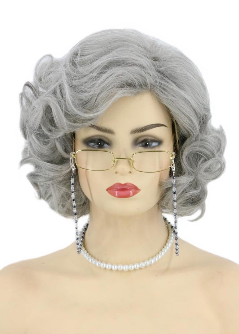 Topcosplay Old Lady Wig and Accessories 5pcs Set Granny Costume Wig Grandma Wig Halloween Party Wigs (Grey)