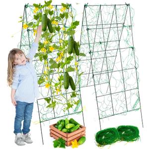 Pack 2 Heavy Metal Garden Trellis for Climbing Plants with Trellis Netting & Garden Clips, A-Frame Cucumber Trellis for Raised Bed