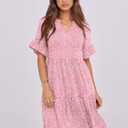 ANRABESS Women's Summer Casual Dress, V-Neck Ruffle Sleeve Tiered Mini Dress, Soft Comfy Fabric with Pockets for All-Day Wear (Pink, L)