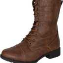 Forever Link Women's Round Toe Military Lace Up Knit Ankle Cuff Low Heel Combat Boots, 8.5