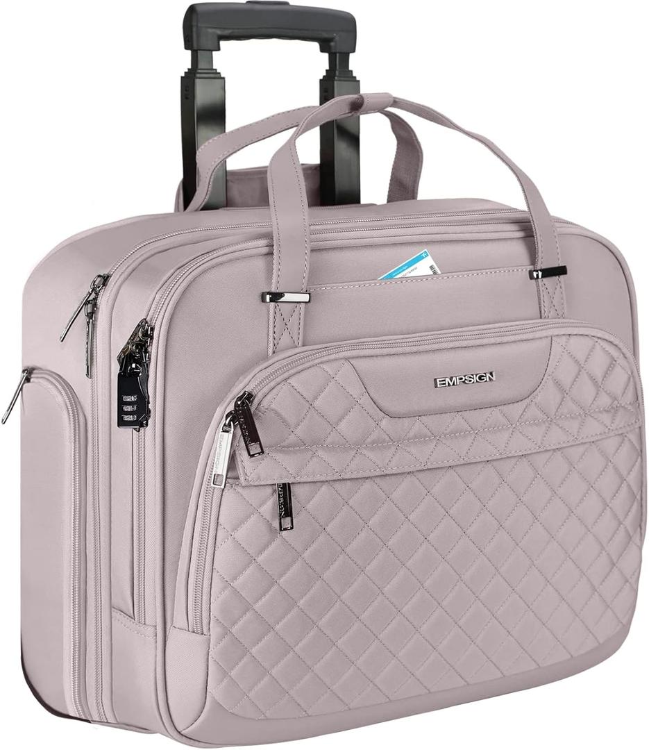 EMPSIGN Rolling Laptop Bag Women with Wheels, Briefcase for Women Fits Up to 15.6 Inch Laptop Briefcase on Wheels, Water-Repellent Overnight Rolling Computer Bag with RFID Pockets, Grey Pink