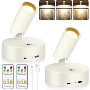 Led Spotlight Battery Operated, Wireless Spot Light for Painting Art Display on Wall with Remote, Indoor Uplight for Tree Plants, Dimmable Accent Light for Painting Frame Portrait Gallery -Ivory White (2 Pack)