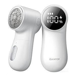 GAIATOP Fabric Shaver Rechargeable Lint Remover 3 Speeds Sweater Defuzzer, Cute Digital Screen Large Storage 6-Leaf Blades, Fuzz Pills Bobbles Trimmer for Clothes Furniture Bedclothes White 1 pcs