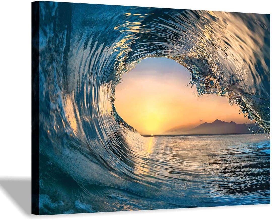 Ocean Wave Picture Wall Art: Tropical Seascape Sunset Canvas Prints for Office (16'' x 12'' x 1 Panel)