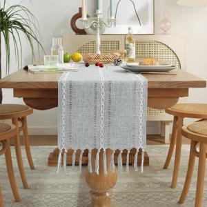 Wracra Rustic Hemstitch Table Runner, Linen Farmhouse Table Runners 72 Inches Long with Tassels for Dining Kitchen Coffee Table Decor, Party and Dresser Decor (Grey, 13"×72")