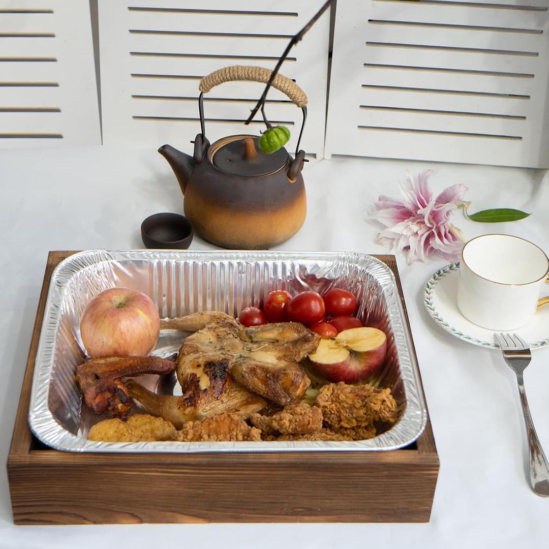 Aluminum Foil Pan Holder for 9x13 Disposable Baking Tin, Includes 1 Foil Pan- Handcrafted Wood Carrier for Food Containers - Party Supplies and Catering Server