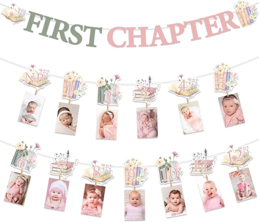 Book First Birthday Decor Girl First Chapter Banner Garlands Book Birthday Photo Banner Storybook 1st Monthly Photograph Banners for Pink Green Floral Reading Club Library Party