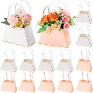 Fuutreo 12 Pcs Mother's Day Flower Gift Bags for Bouquets Portable Craft Flower Arrangement Boxes with Handle Waterproof Bouquet Wrapping Bags Florist Handbag for Wedding Birthday Party(Pink, White)