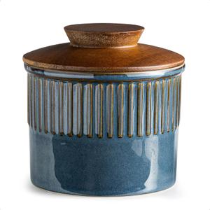 Ceramic Butter Dish with Lid, Butter Crock for Countertop, French Butter Keeper, Classic Stripe Pattern, Blue (Stripe-3.94"dia)