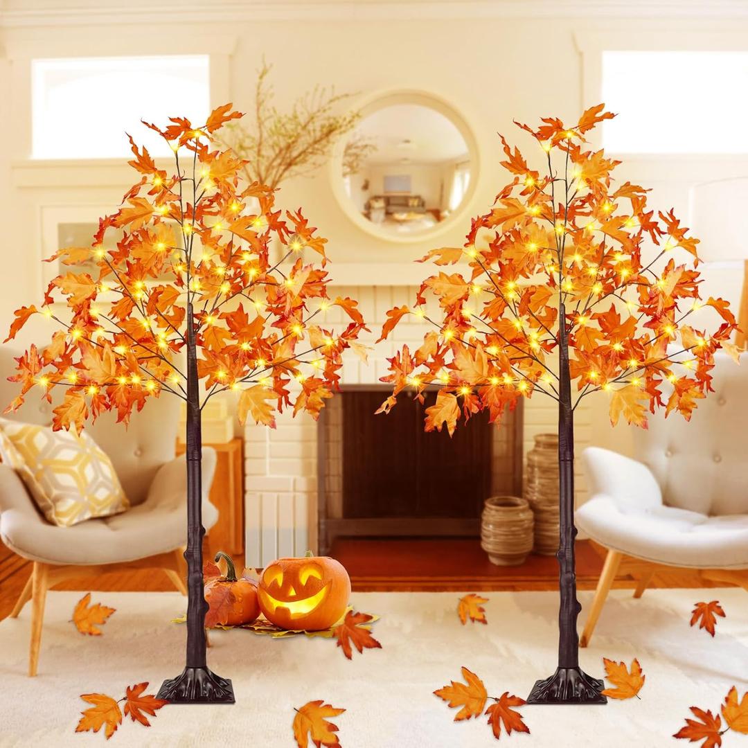 Pack of 2, 4FT 100LED Artificial Lighted Maple Tree, Fall Decor for Home, Maple Tree with Timer Function Prelit Fall Decorations Warm White Light for Indoor Outdoor Autumn Harvest Halloween Thanksgiving