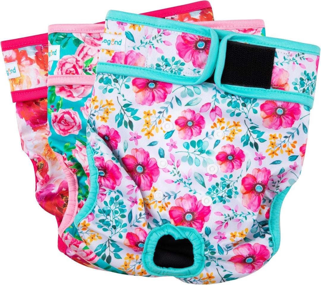 Paw Legend Washable Reusable Female Dog Period Diapers for Heat Doggie Puppy Diapers for Female Dogs (3 Pack, Large) (Large (17.5''-27'' Waist), Flower)
