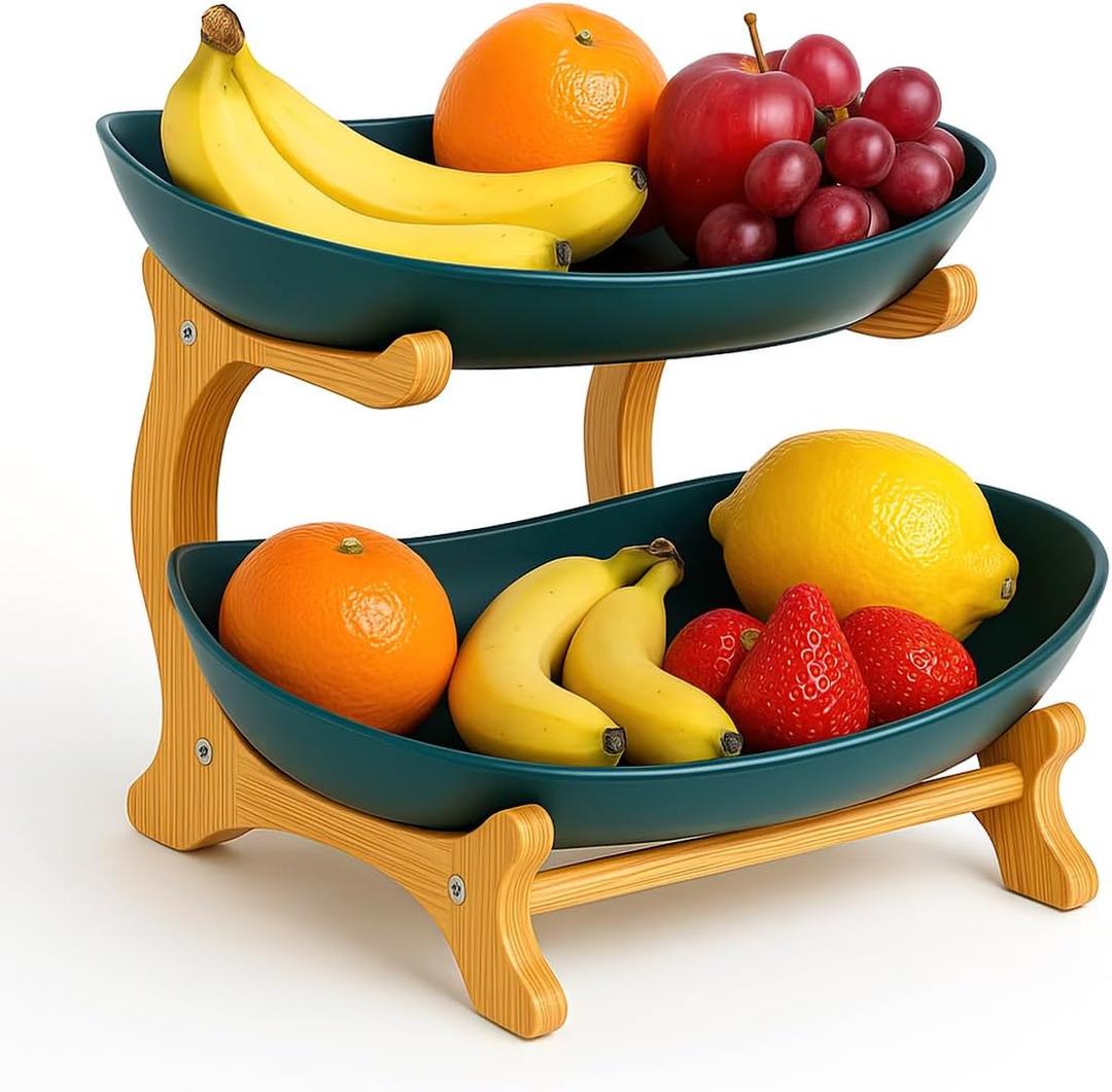 Fruit Bowl With Bamboo Wood Stand, Fruit&Vegetable Candy Dish Decor Basket for Kitchen CounterLarge Capacity Vegetable Storage Stand Snacks Rack Tray Plate Rack (2-Tier, Green)