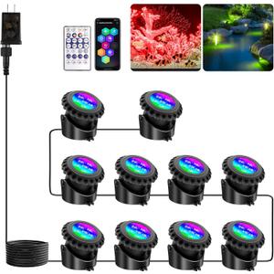 T-SUN Underwater LED Pond Lights  IP68 Waterproof Submersible Fountain Lights with Bluetooth App & Remote, 16 Million Colors Underwater Lighting for Koi Ponds/Garden Water Features Aquarium (10-Pack)