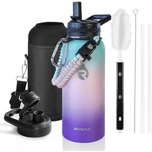 RAYMYLO Insulated Water Bottle 32 oz, Triple Wall Vacuum Stainless Steel (Cold for 48 Hrs), Leak Proof & Non-BPA, Modern Water Flask Jug with Paracord Handle & Straw Spout Lids, Hydrangea